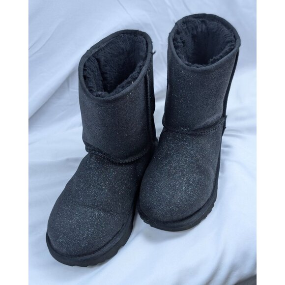 Ugg Boots Kids 6 Classic II Metallic Sparkle Glitter Black Suede Shearling EUC - Picture 1 of 9